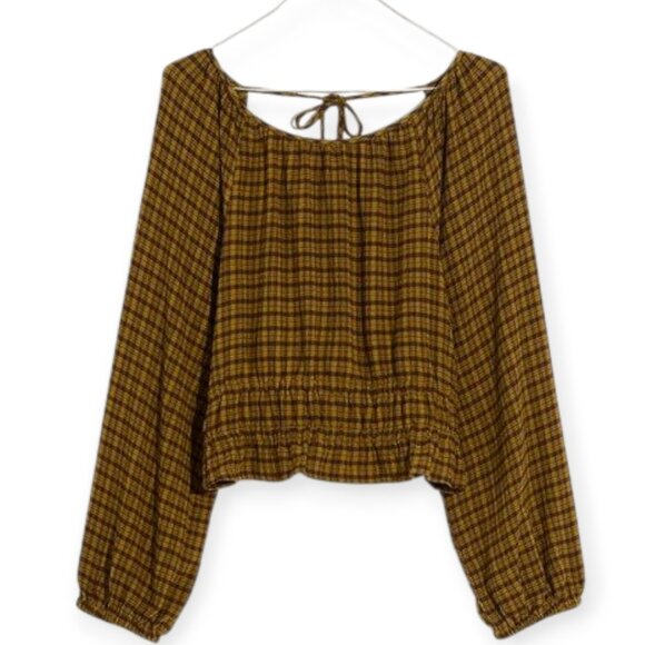 Madewell Tie-Back Cutout Puff Sleeve Top in Plaid in Spiced Olive size S EUC - Picture 6 of 16